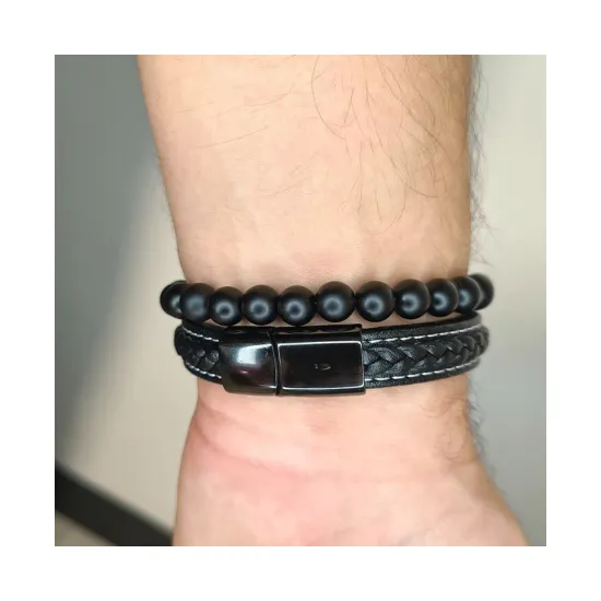 Bransoletka męska czarna talizman amulet ochrona siła + skóra naturalna